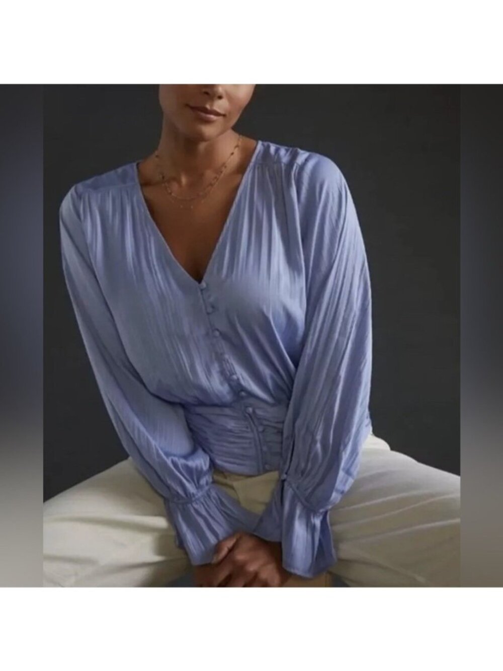 NEW Anthropologie Blue Satin Button smocked ballon slv Romantic  Blouse Size xs